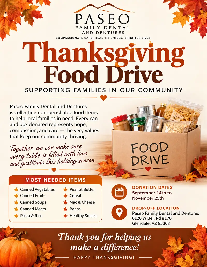 2026 Thanksgiving Food Drive at Paseo Family Dental and Dentures in Glendale, AZ